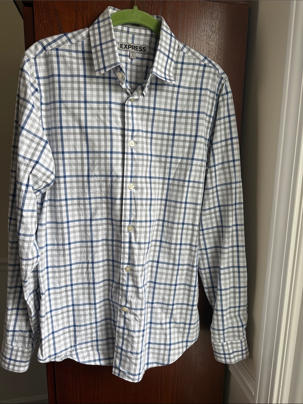 Express Men’s White Shirt with Blue and Gray Windowpane Plaid